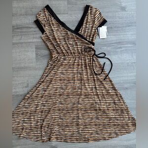 Y2K Boho Wrap Dress Brown Abstract Print Midi | Indie Earthy Retro | Size 6